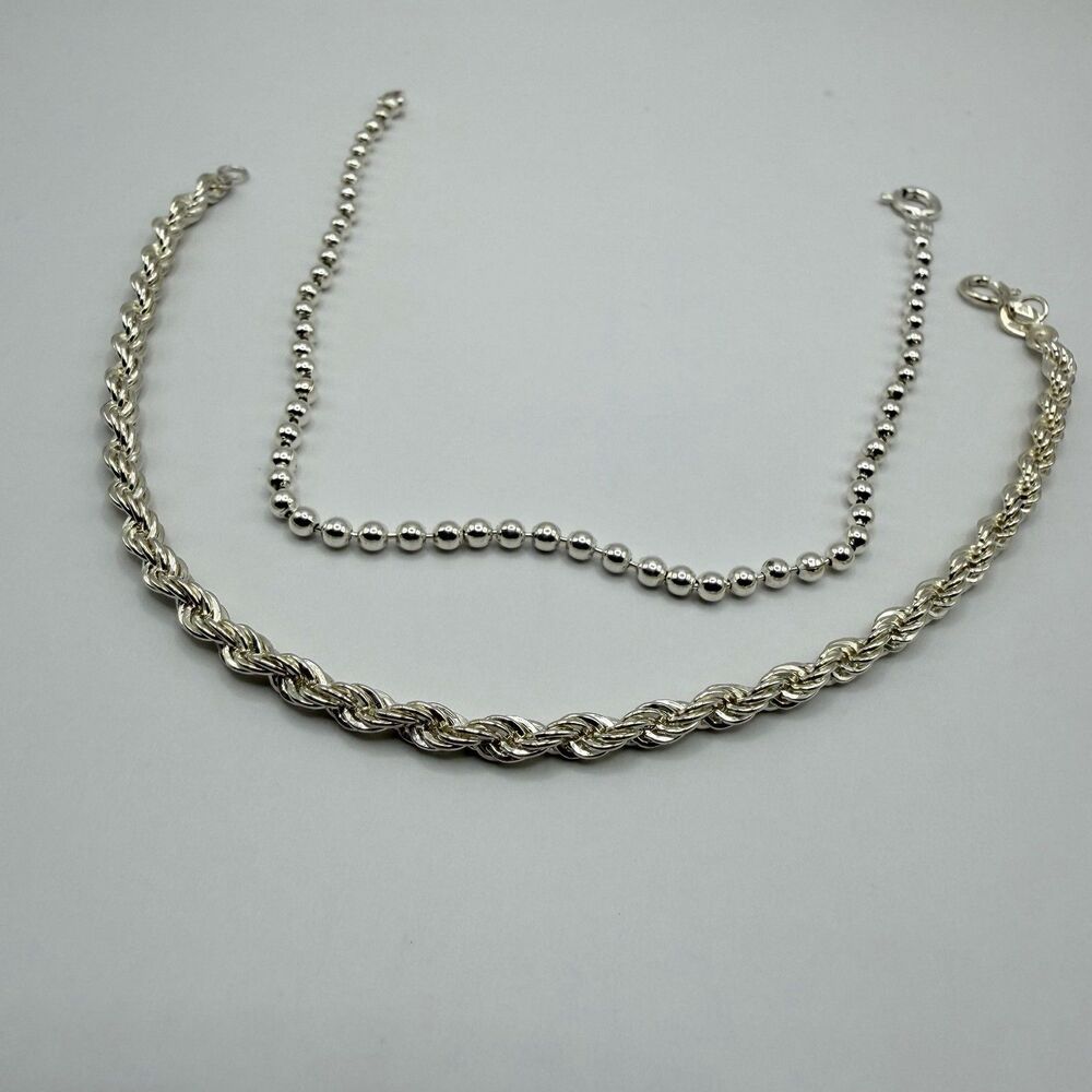 925 Sterling Silver 2 Bracelet Set Rope Chain Beaded Ball 7" 7g
